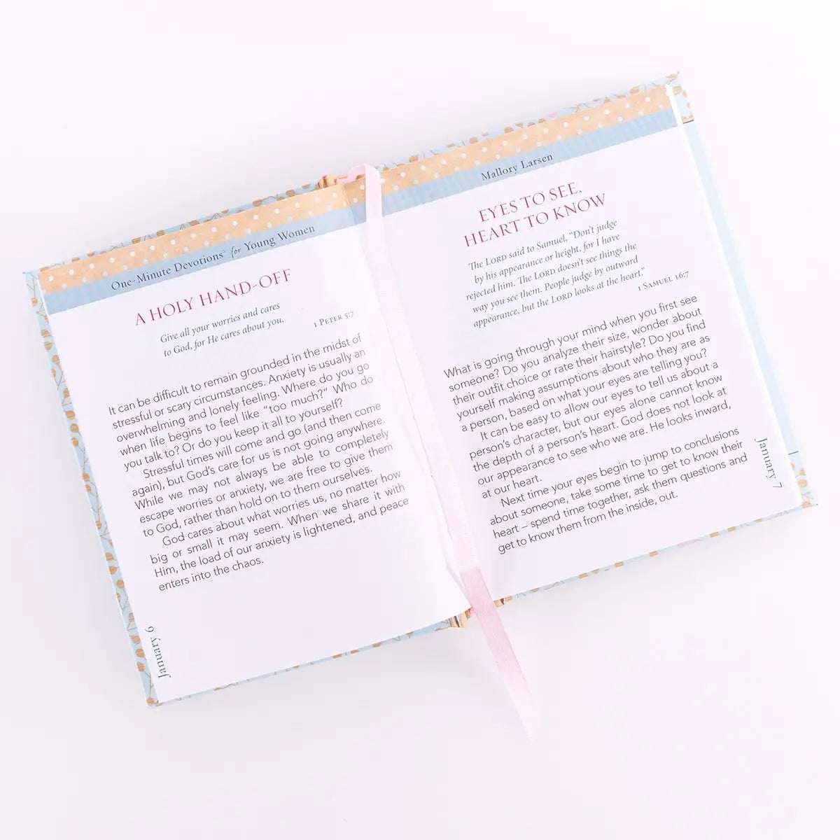 Light blue background with taupe leaves and pink flowers cover design, Silver-foiled title accents, White text, UV varnish, Padded hardcover, Full-color interior, Pink ribbon marker, 366 devotions, 400 pages