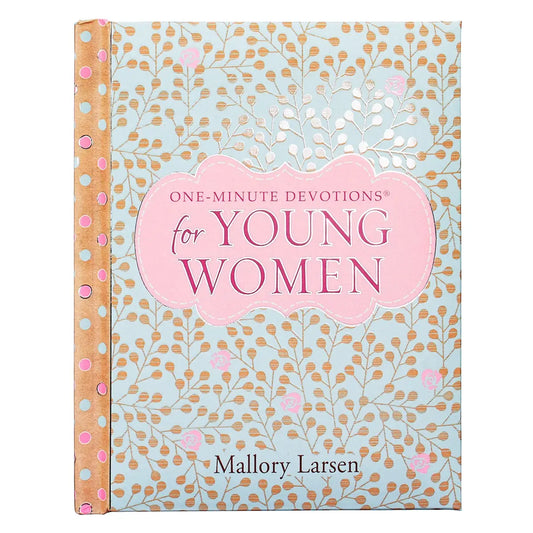 Light blue background with taupe leaves and pink flowers cover design, Silver-foiled title accents, White text, UV varnish, Padded hardcover, Full-color interior, Pink ribbon marker, 366 devotions, 400 pages
