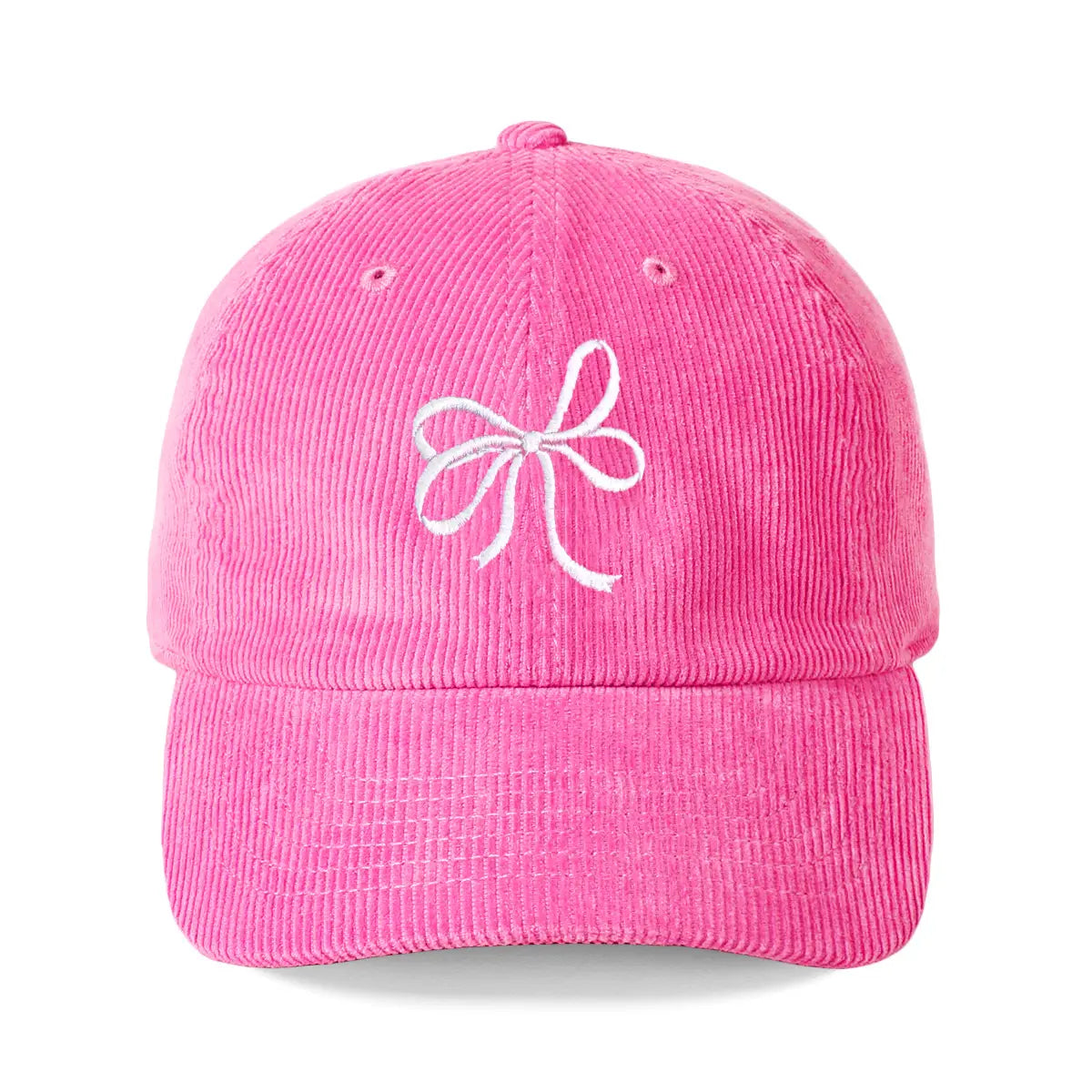 Bow hot pink hat. This cap features a soft, ribbed corduroy material and has an adjustable strap with a metal clip that allows you to customize the fit. Approximately 19.5" - 22.5" Around the Head Corduroy/Soft Cotton Blend Embroidered Design Adjustable Metal Closure