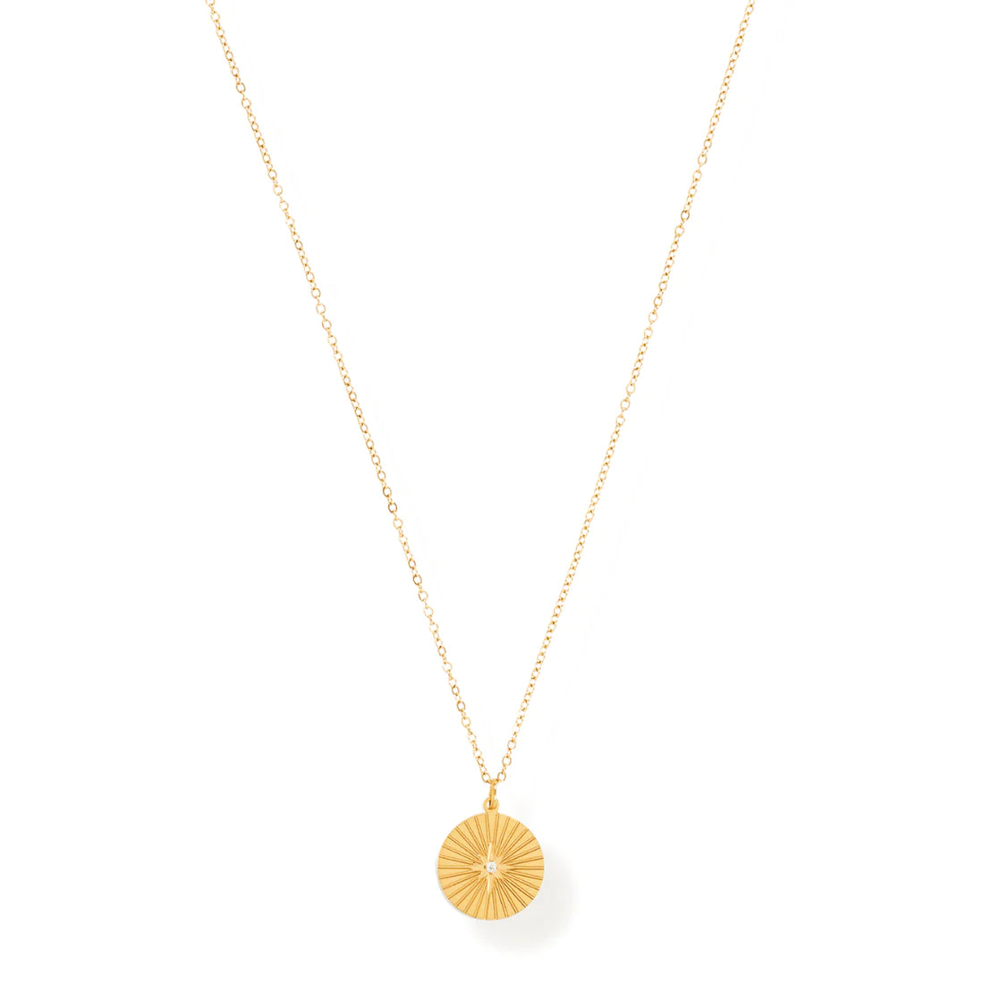 gold necklace with sunburst pendant.