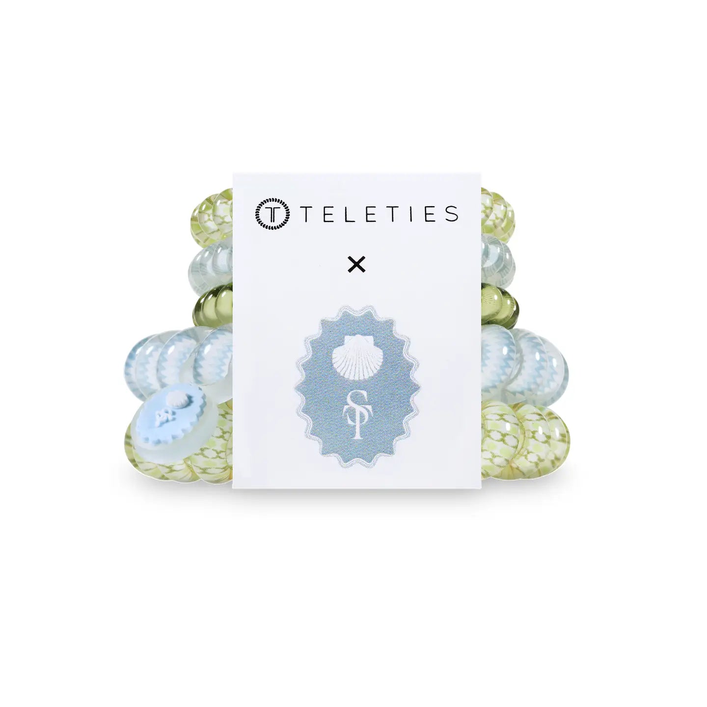 set of 5 teletie hair coils: one small pastel green, one small plaid light blue, on small plaid light green, one large chevron light blue, and one large plaid light green