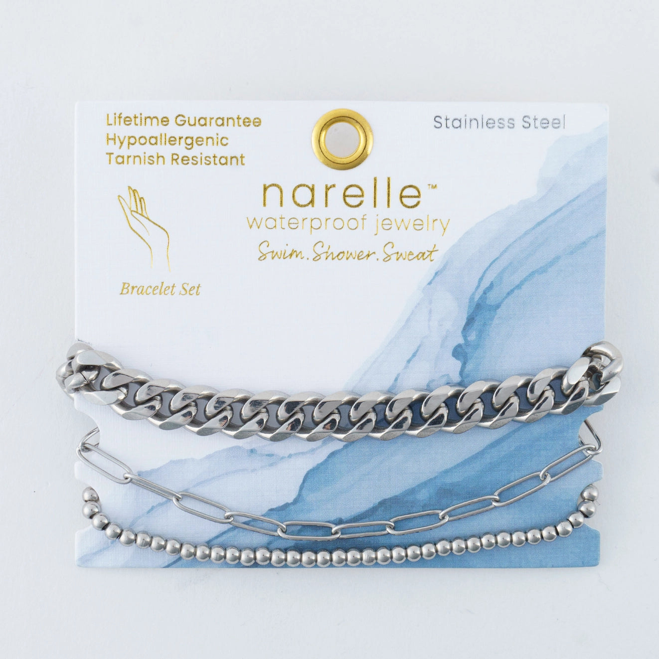 Curb Chain Bracelet Set offers three pairs of silver bracelets in Curb Chunky, Paper Clip, and CCB Chain designs.