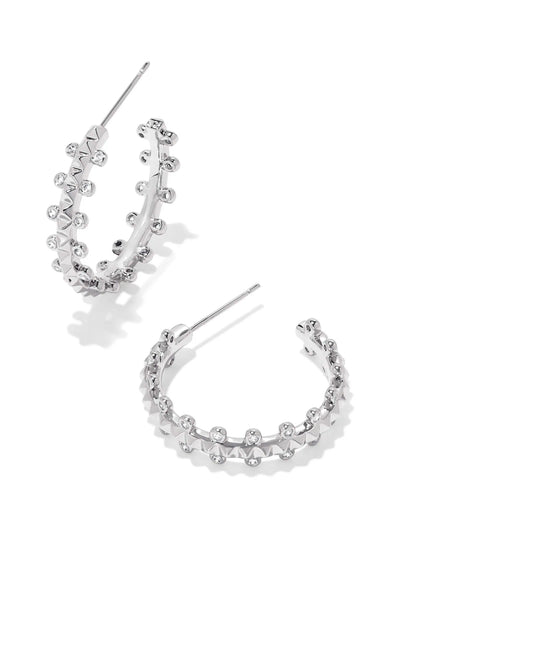 Silver hoop earrings with post backs. White crystalized Detail