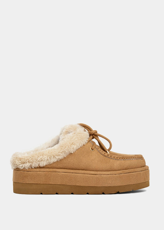 Camel suede platform clog with faux-fur lining and a lace detail