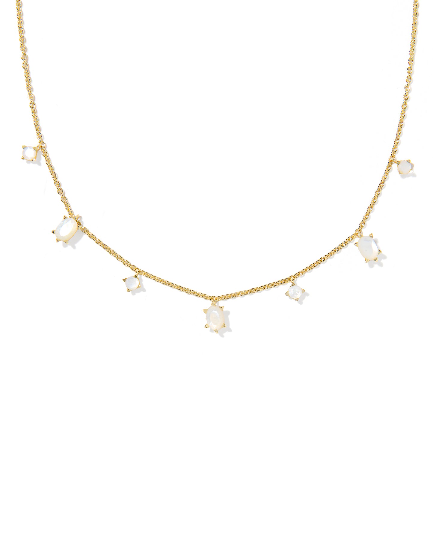 Gold delicate strand necklace with birthstone inspired stone charms, gold ivory mother of pearl CZ