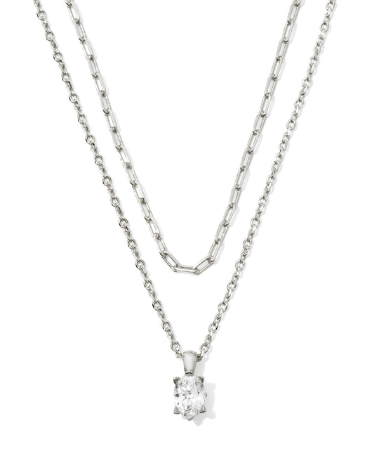 Multi-Strand Sliver Necklace With a Single Gemstone Pendant.