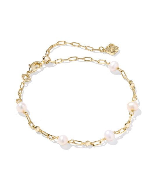 The Ashton Gold Delicate Chain Bracelet, Complete with five freshwater cultured pearls and an adjustable textured paperclip chain