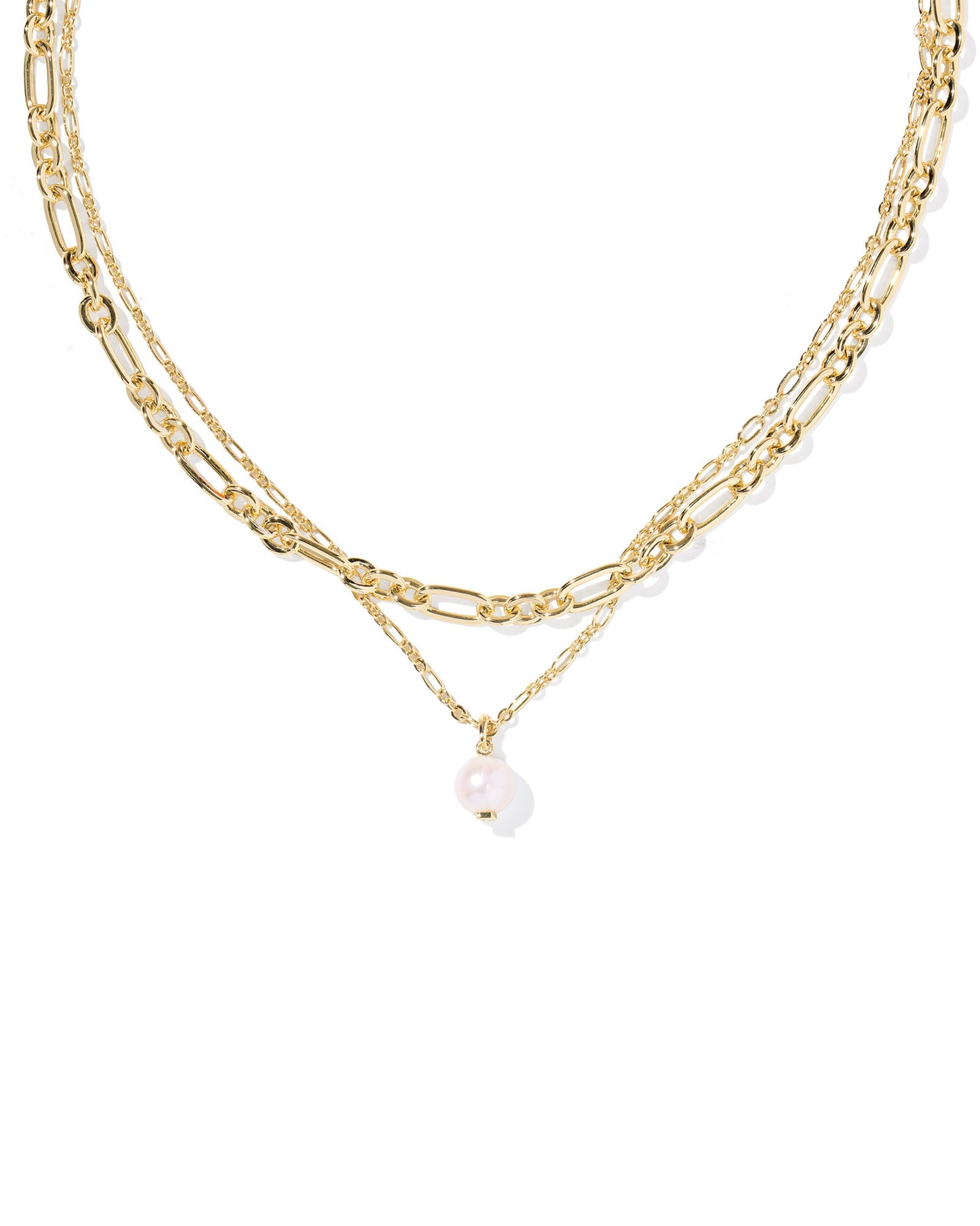 Ashton Gold Multi Strand Necklace. Two figaro chains and a freshwater cultured pearl combine to create a beautiful necklace with an adjustable length