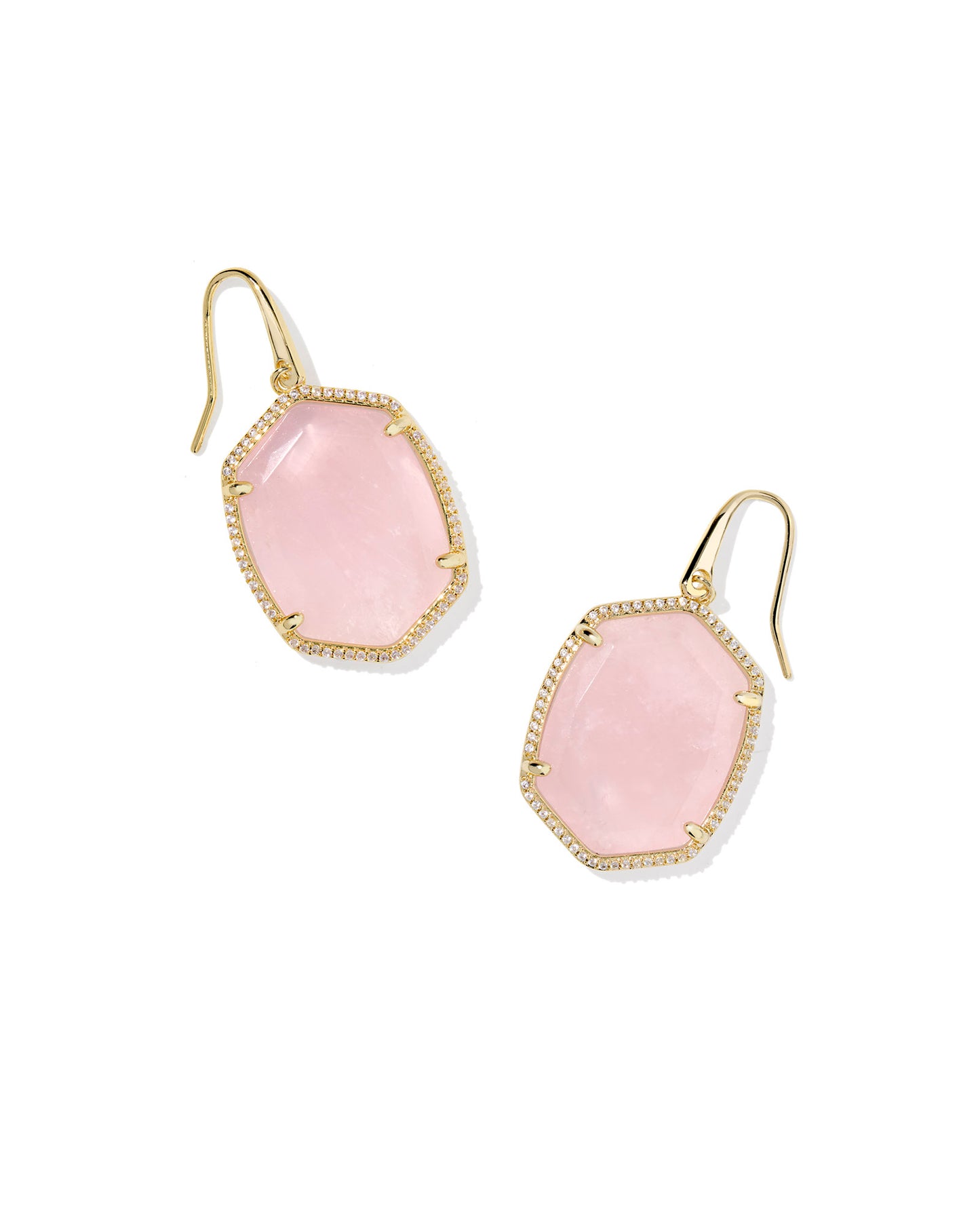 Gold Pave Frame Drop Earrings with pink oval pendant