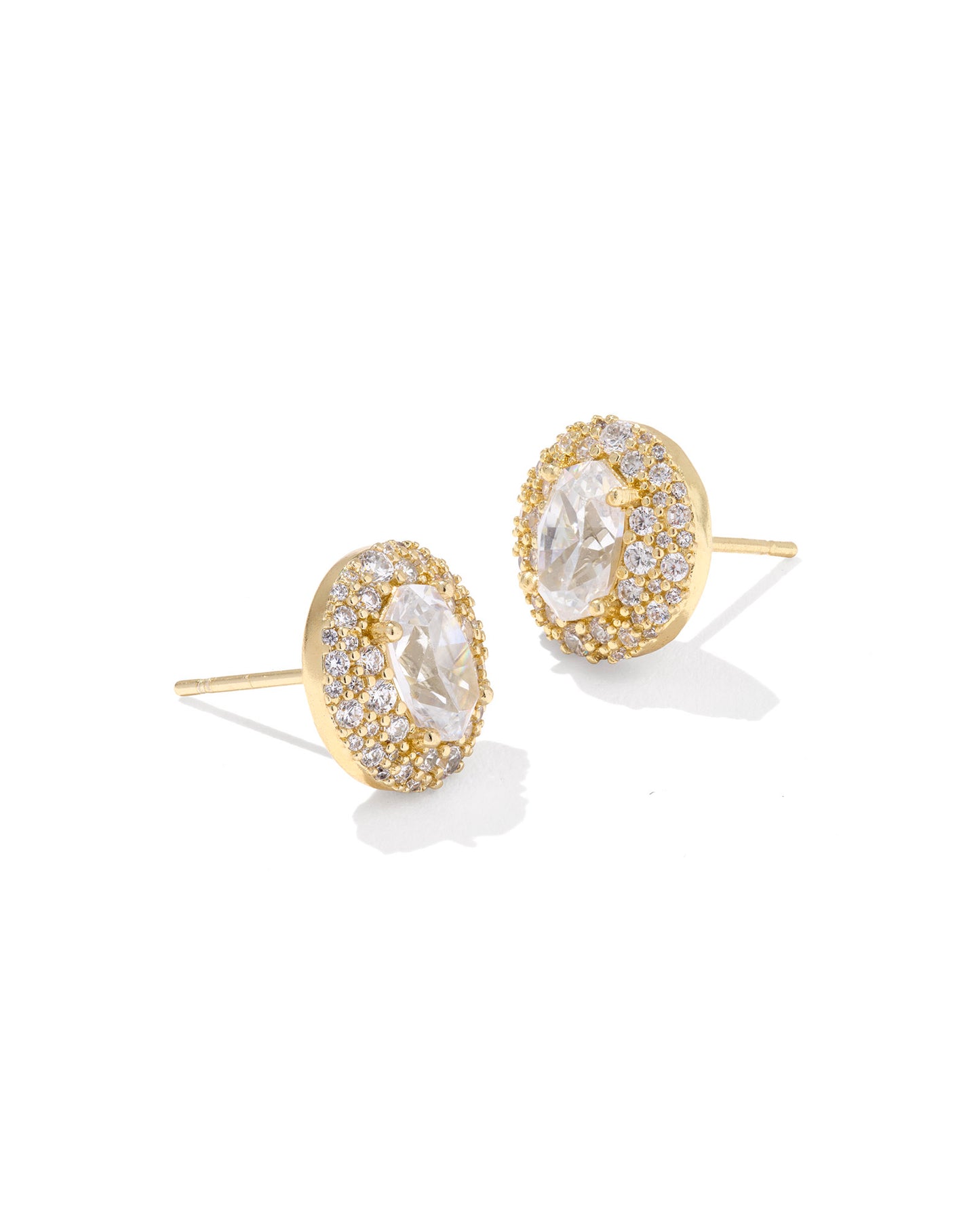 circular studs feature a custom-cut crystal at their center inspired by our bestselling Elisa shape, surrounded by dazzling cubic zirconia sparkle