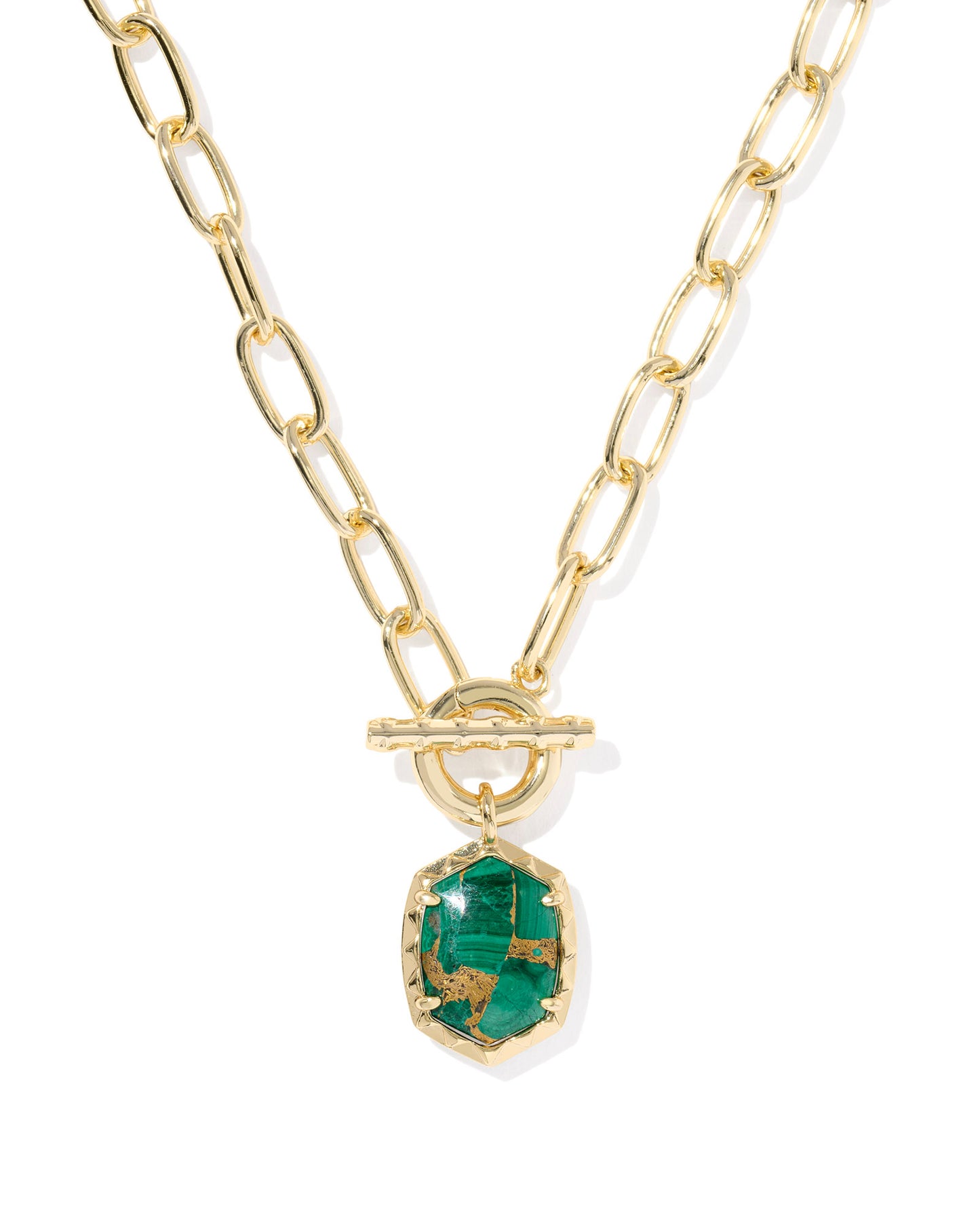 gold chain link necklace with a green stone pendant. toggle closure