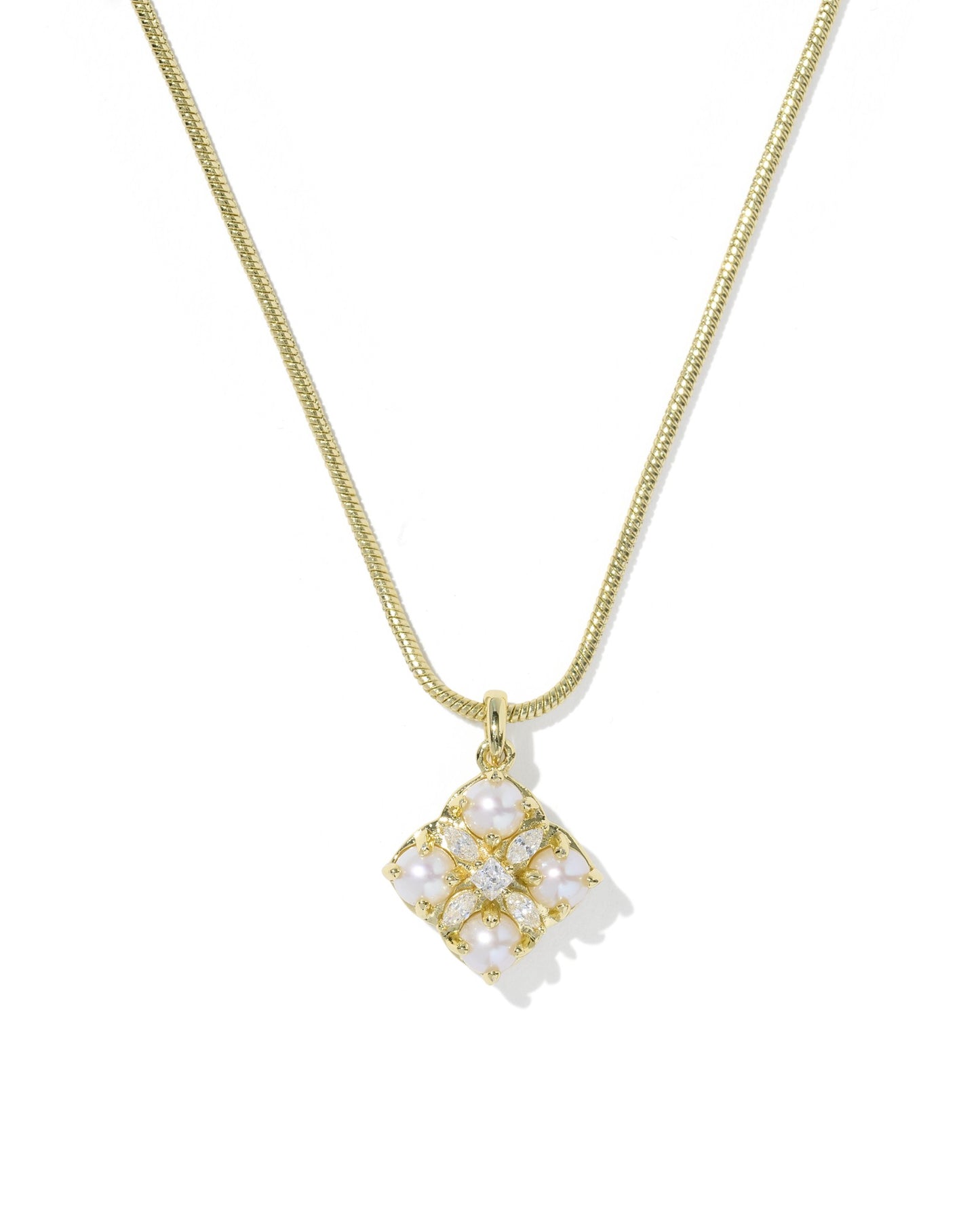 Gold necklace with a square pendant that has pearl detailing and cz.