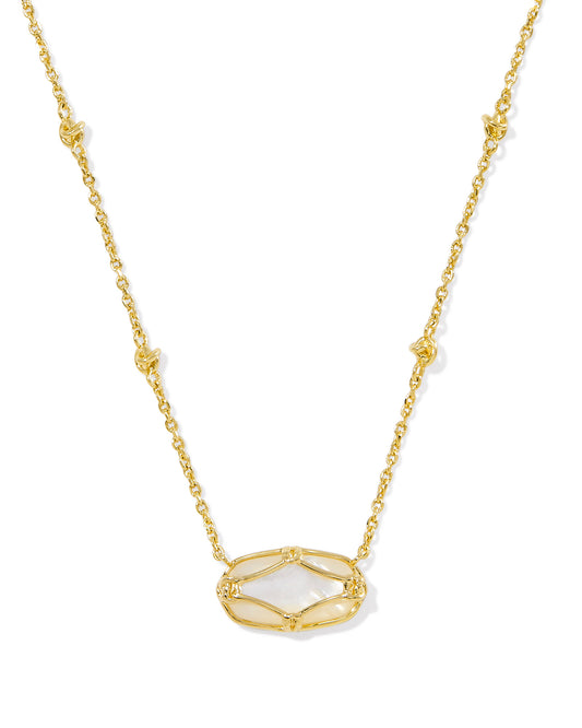 Elisa Lattice Frame Short Pendant Necklace, Gold Ivory Mother of Pearl, 19' CHAIN, 0.35"L X 0.61'W PENDANT