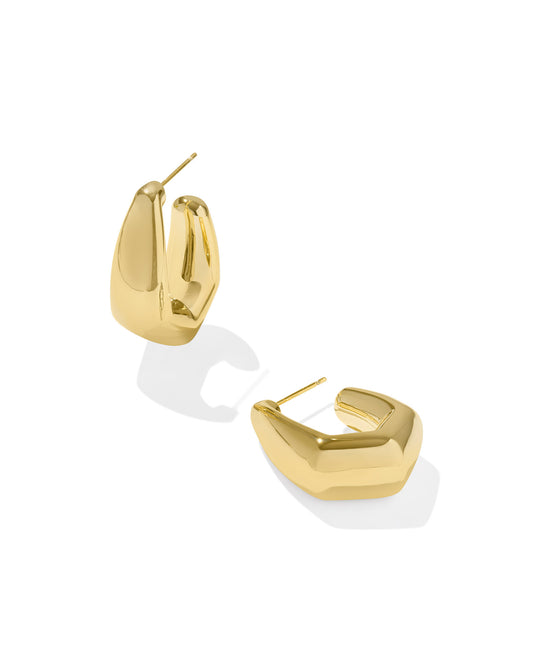 Gold Thick Hoop Earrings, Post Back, Rectangular Shape, Rounded Edges, Dimensions: 1.18"L X 0.88'W