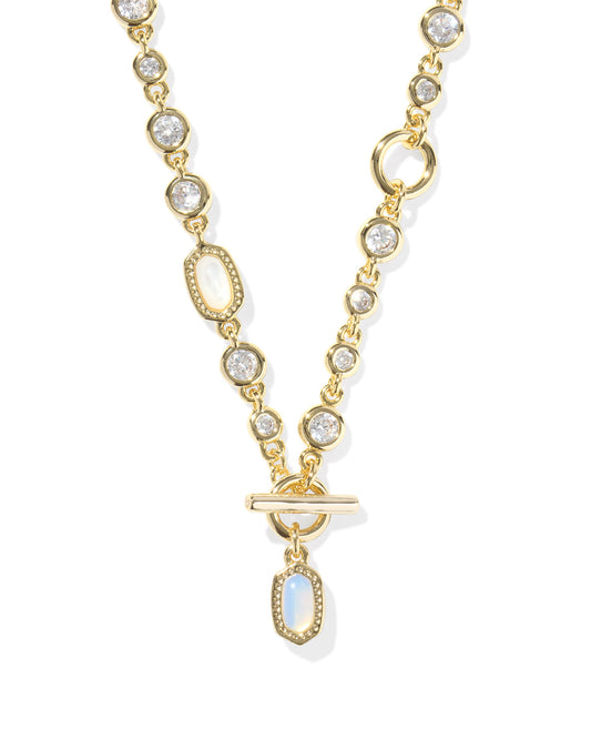Gold White Mix Strand Necklace, Large Oval-Shaped Pendant With White Stone, Gold Chain With Multiple Round Stones, Dimensions: 19.4" CHAIN, 2.4" DROP
