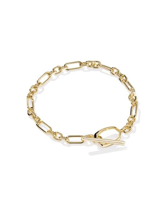 Gold chain link bracelet. Spring clasp closure with Toggle link detail.