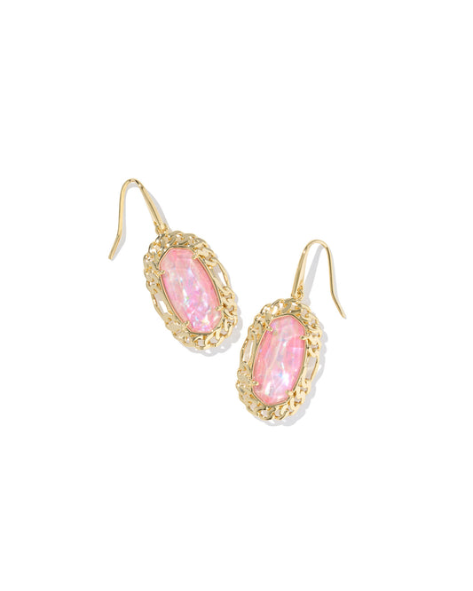 Gold earrings with small chain link wrap around a pink iridescent stone.