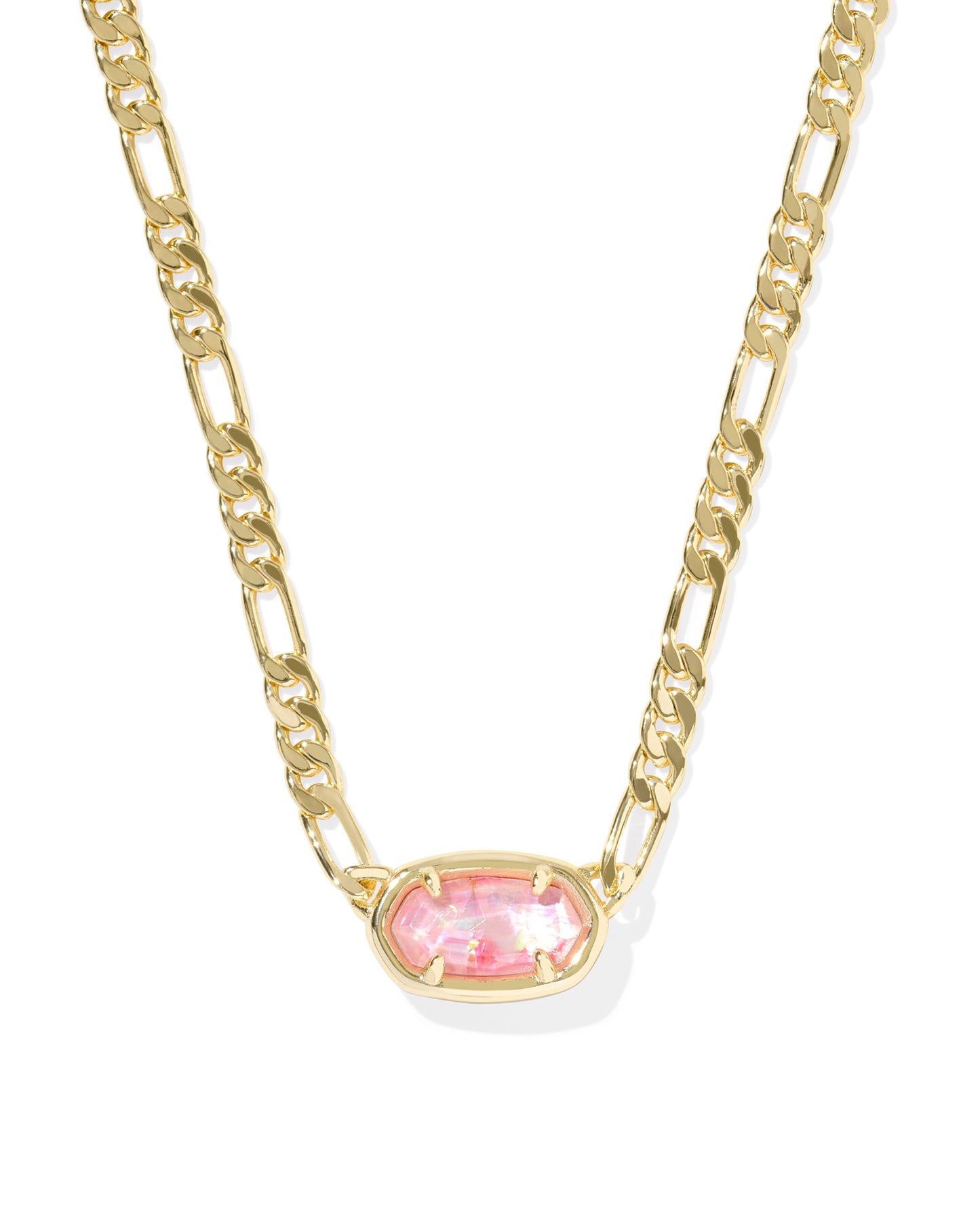 Gold Elisa style necklace, gold chain link, pink iridescent mother of pearl stone in the center