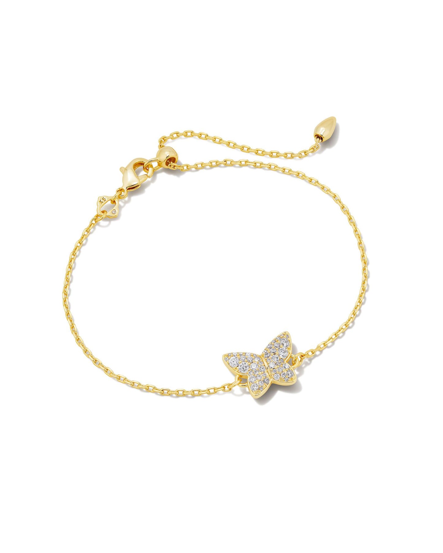 Featuring a stunning crystal butterfly shape at its center, the Lillia Crystal Butterfly Gold Delicate Chain Bracelet in Violet Crystal is a sweet and symbolic layer to add to your bracelet stack. This bracelet is 24K gold plated over brass with white crystals.