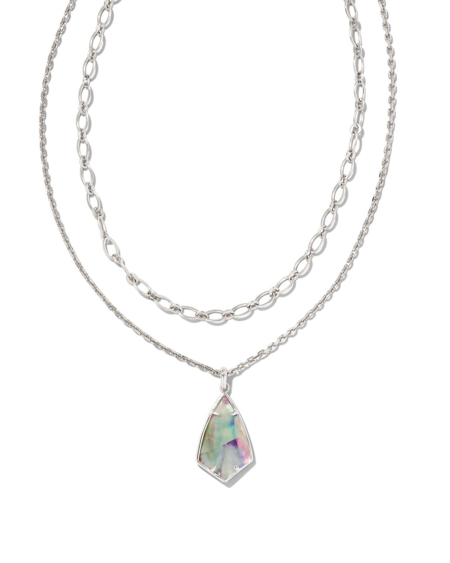 Our vintage (and much-loved!) Camry stone shape gets a modern update in the Camry Multi Strand Necklace. With two pre-layered chains and a gorgeous stone, this necklace makes staying on trend easier than ever. This metal is 24k rhodium plated over brass with an iridscent abalone stone.