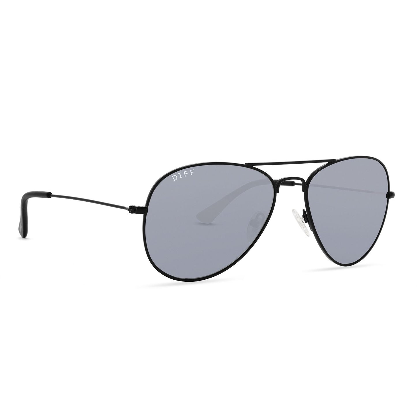 Medium sized aviator shaped sunglasses with black frames and clear nosepieces