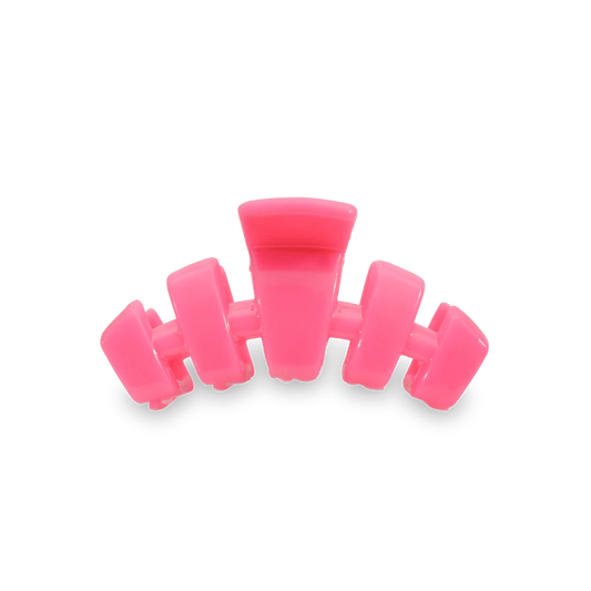 The tiny hair clip is 1.77 inches long and hot pink. 