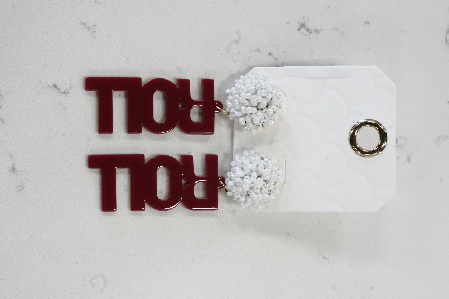 Roll with the Tide Earrings Beaded Pom Pom Stud Red Lettering Vertical Hanging Charm Tide