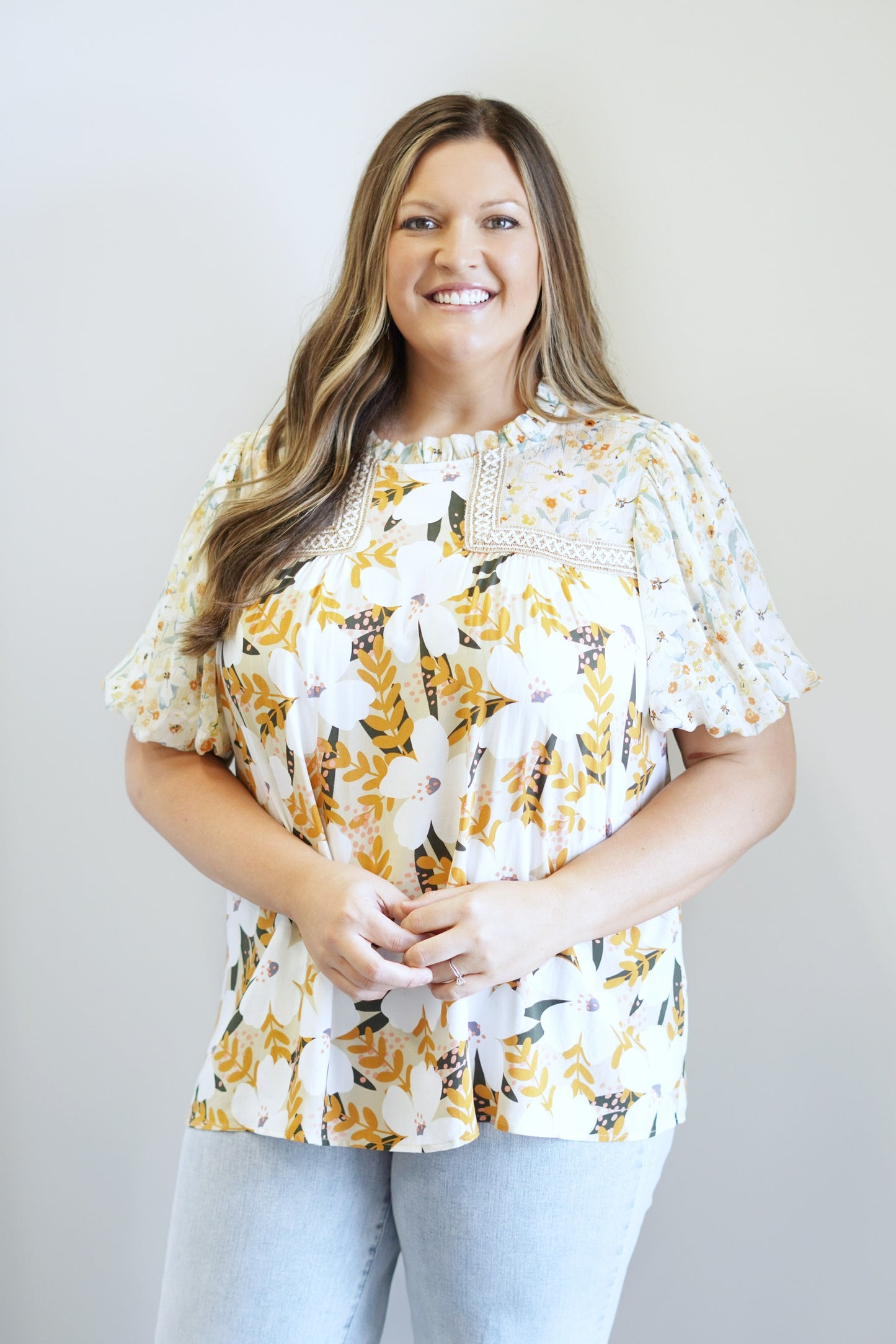 Elana Lush Floral Blouse U-Neck Ruffle Neck Detail Cuff Sleeve Mustard Mix Color 100% Polyester Hand Wash Cold, Do Not Wring, Use Only Non Chlorine Bleach , Line Dry, Low Iron If Needed, May Be Dry Cleaned Model Is Wearing Size 1XL