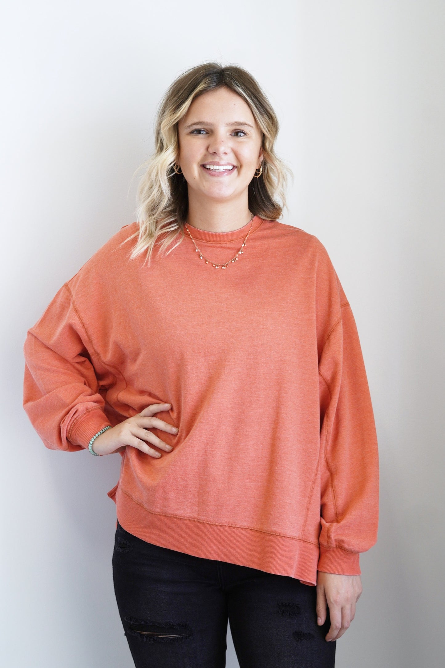 Essential and Everyday Modern Weekender Round Neckline Long Cuffed Sleeves Side Slits Detail Colors: Orange Oversized Fit Full Length 60% Cotton, 40% Polyester