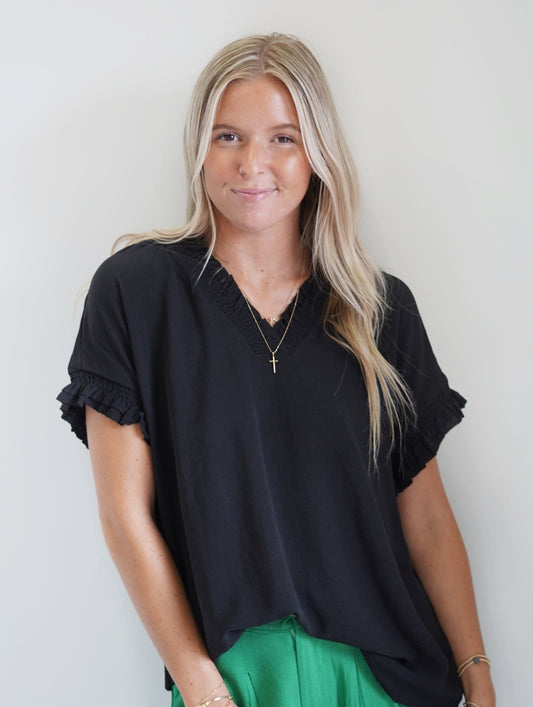 Sully Smocked and Ruffled Neckline Blouse