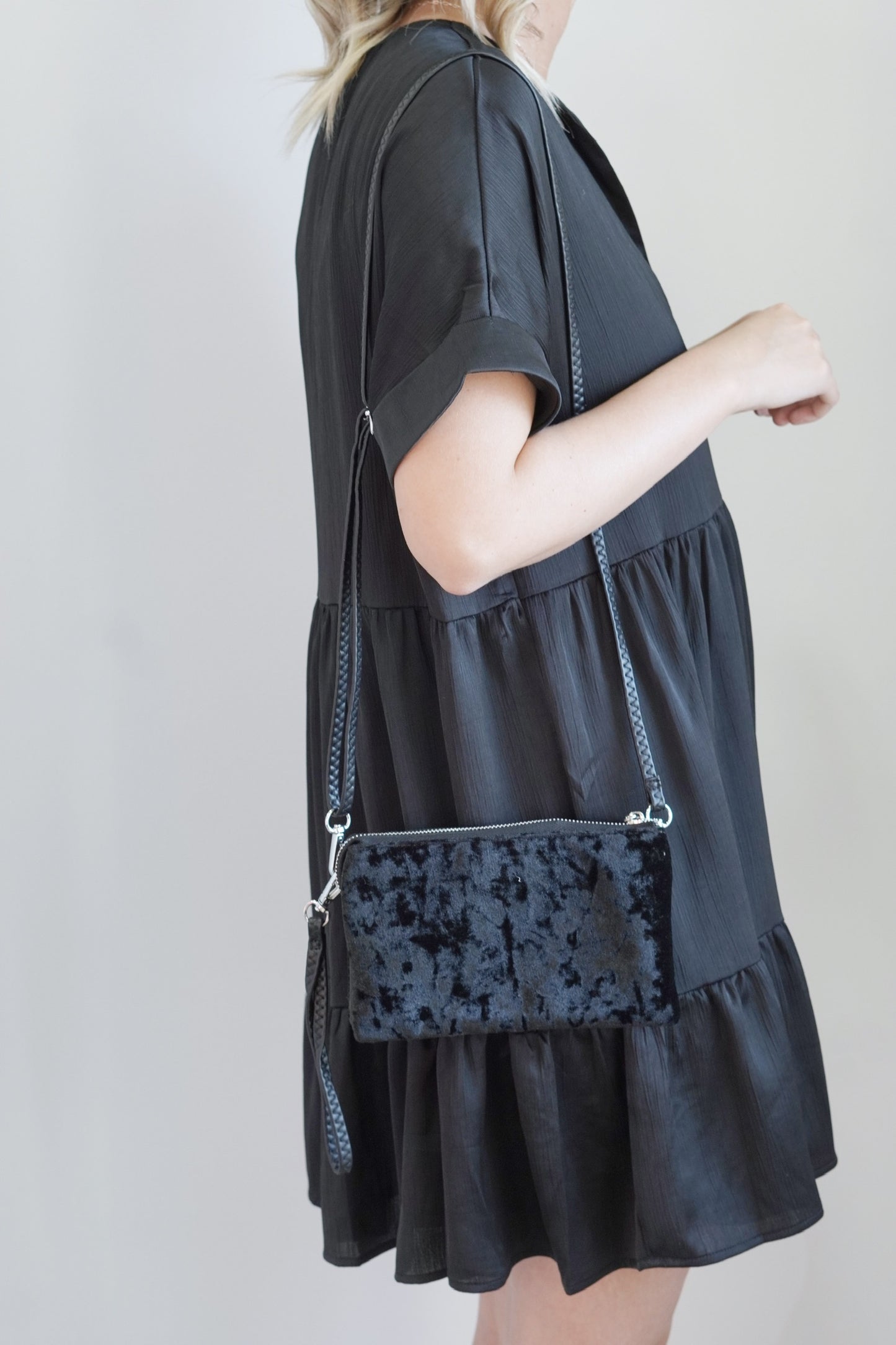 Riley Velvet Crossbody Wallet 5 Compartments 6 Card Slots 1 Interior Zipper Zipper Closer One Crossbody Strap, One Wristlet Strap - Both Removable 8.5 x 5.5in