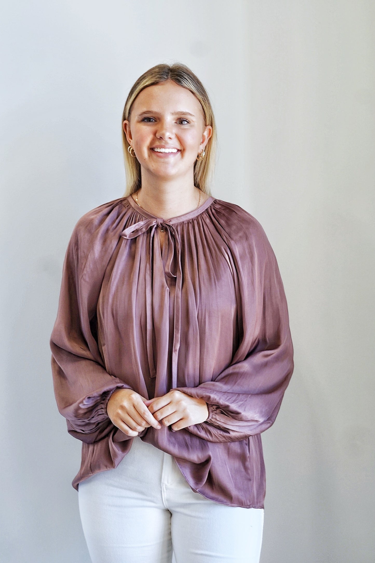 Brooke Balloon Sleeve Satin Blouse V-Neckline w/ Connecting Tie Long Balloon Sleeves Satin Brownish Purple Color Full Length Relaxed Fit 100% Polyester