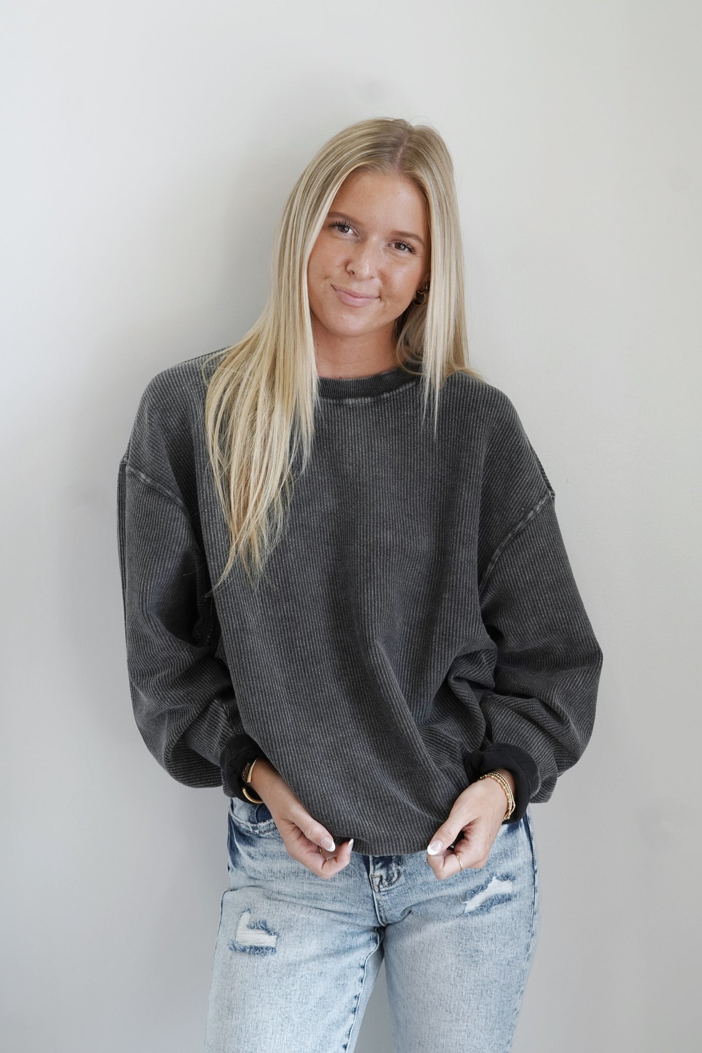 Calla Corded Crew Everyday Sweatshirt Crew Neckline Long Sleeve Corded Material Colors: Black, Full Length Relaxed Fit 100% Cotton