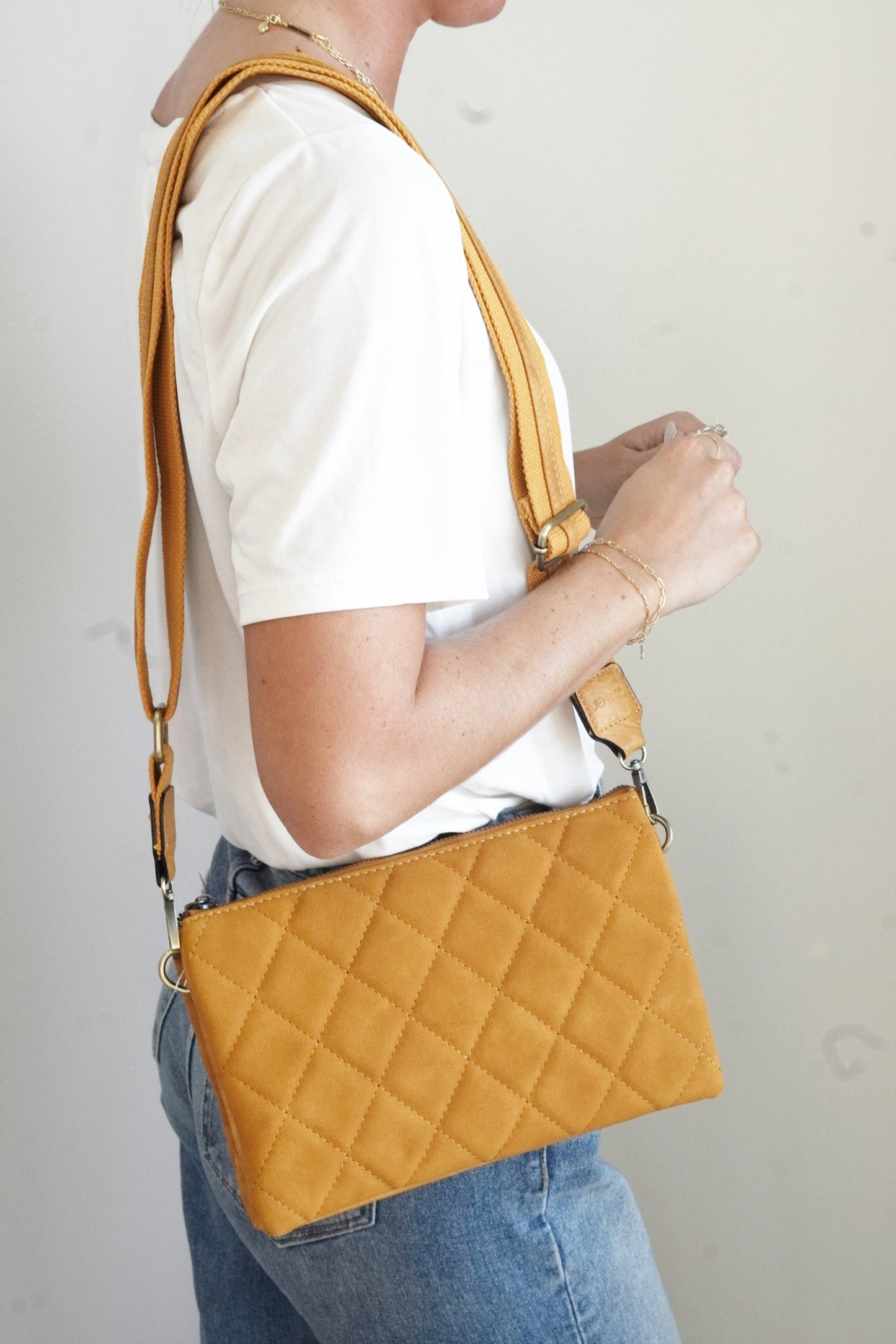 Izzy Quilted Oversized Crossbody Wallet Quilted Pattern Expandable Two Large Inner Pockets Middle Zipper Pocket Six Credit Card Slots Removeable Adjustable Guitar Strap and Wrist Strap Approx 10 in. x 6 1/2 in. x 1 1/2 in. Bottom expands to approx. 5 in. mustard color