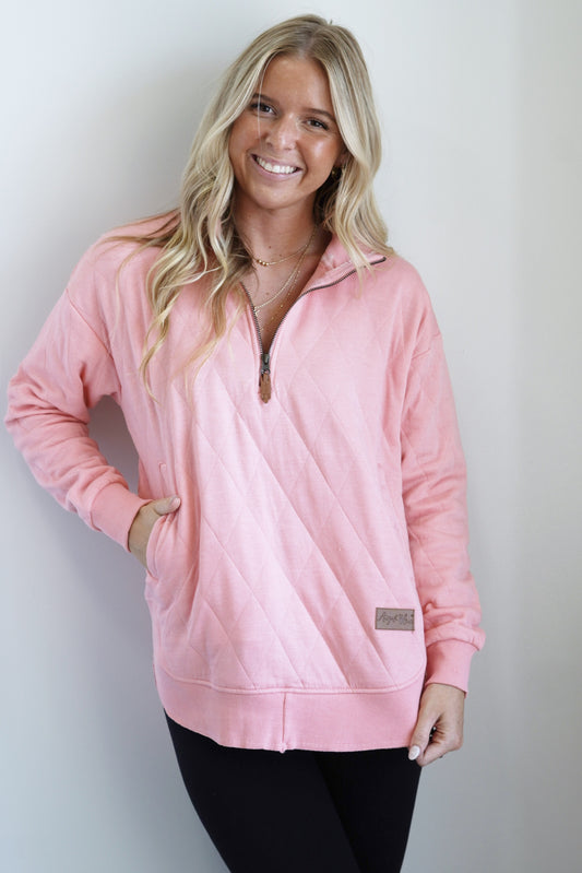Kenz Quarter Zip Quilted Pocket Pullover Zip Up Collared Neckline Long Cuffed Sleeves Quilted Fabric Color: Pink Ribbed and Raw Hemline Full Length Relaxed Fit 50% Polyester, 50% Cotton