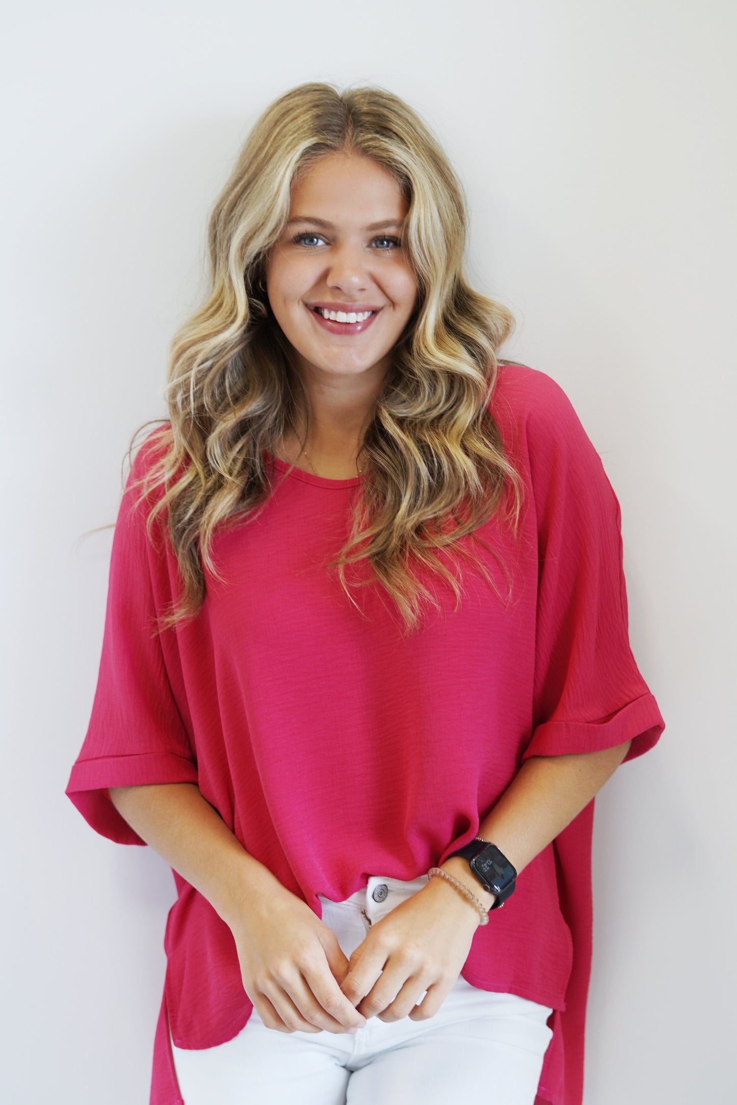 Grace Loose Fit Linen Top V-Neck Roll Up Sleeve Linien Solid Color Color: Fuchsia 100% Polyester Machine Wash, Warm Water With Like Colors, Tumble Dry Low, Do Not Bleach Model is wearing size: Small