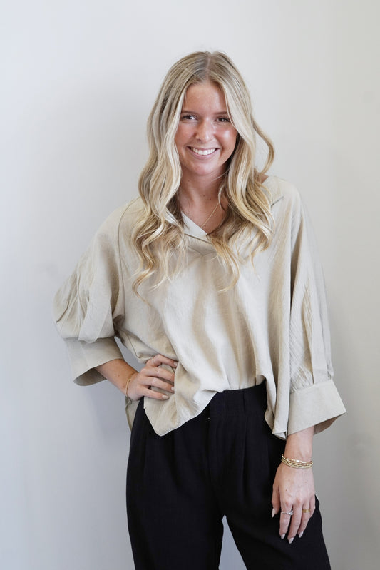 Lori Lapel Neck Linen Blouse Lapel V-Neckline 3/4 Length Sleeves w/ Cuff Color: Linen Sage Relaxed Fit Full Length 86% Rayon, 11% Polyester, 3% Nylon
