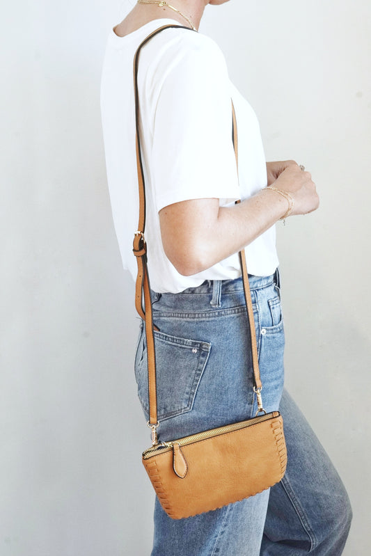 Bonnie Braided Crossbody Wallet Zipper Opening Six Card Slots Two Small Inner Pockets Removeable Shoulder Strap and Wristlet Strap 9 in. x 6 in. x 2 in. pumpkin spice color