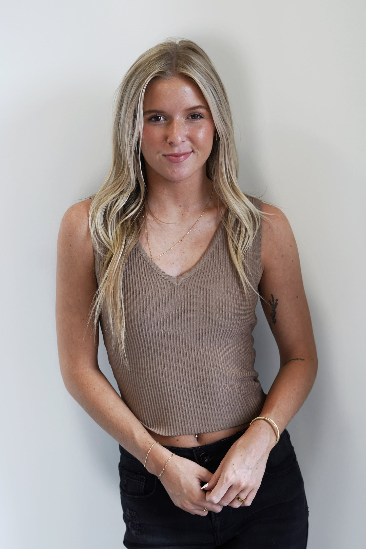 Demi Deep V-Neck Ribbed Tank V-Neckline Sleeveless Ribbed Mocha Fitted Full Length 42% Polyester, 30% Spandex, 28% Viscose
