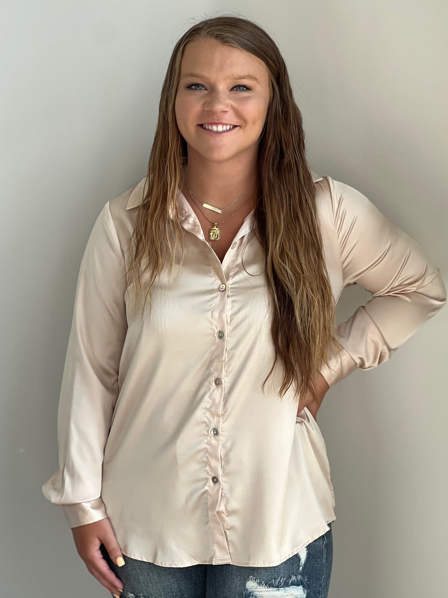 Sandra Beige Button Down Blouse