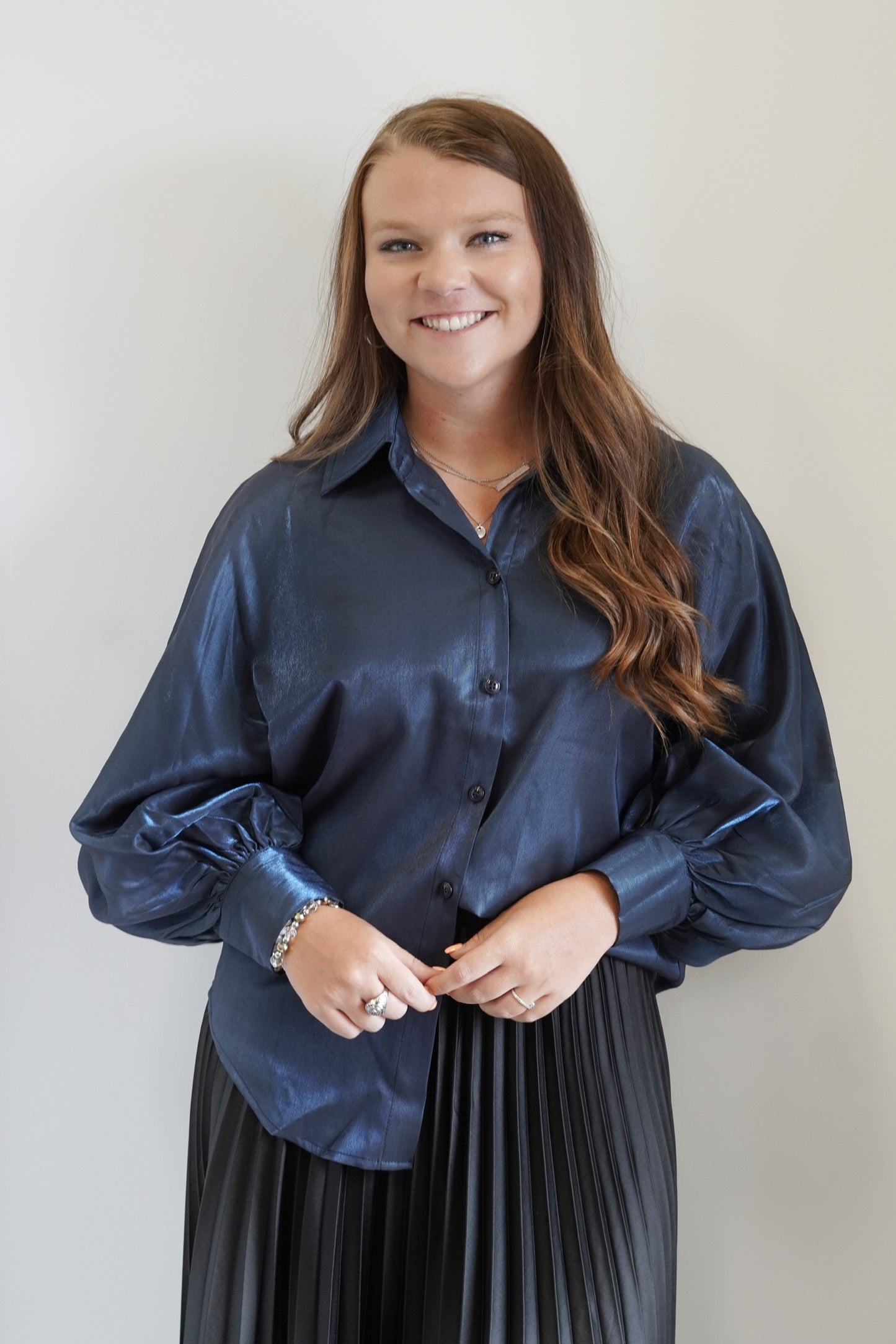 Betty Bat Sleeve Shiny Button Up Top Collared Neckline Long Cuffed Bat Sleeves Subtle Shimmery Detail navy Color Relaxed Fit Full Length 90% Rayon, 10% Spandex
