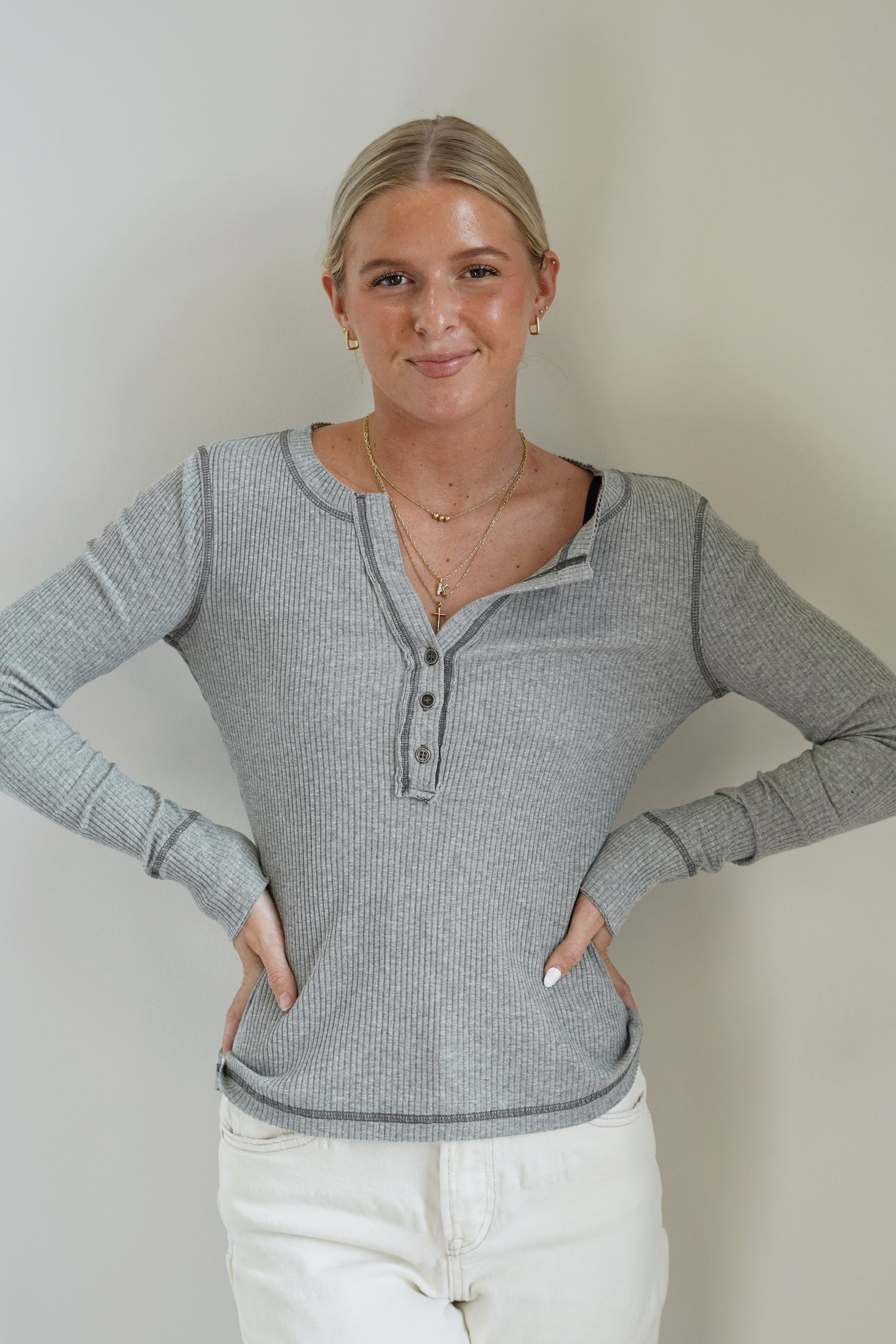 Rory Ribbed Knit Long Sleeve V Neckline With Half Button Closure Long Sleeve Acid Wash Finish Grey Full Length Fit Tighter Fit 95% Cotton, 5% Spandex