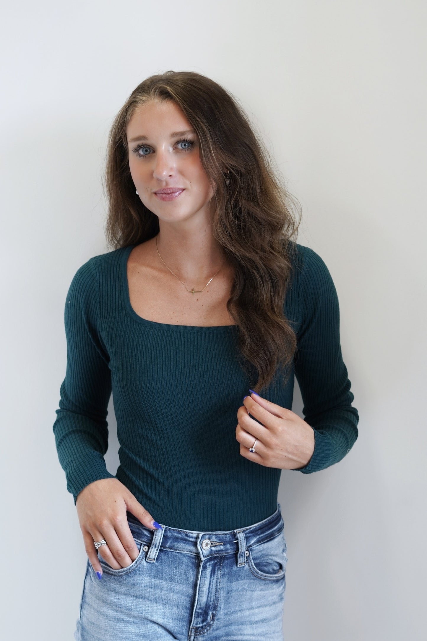 Fawn Fitted Square Neck Top Square Neckline Long Sleeves Ribbed Material Deep Ocean Color Fitted Full Length 50% Viscose, 28% Polyester, 22% Nylon,