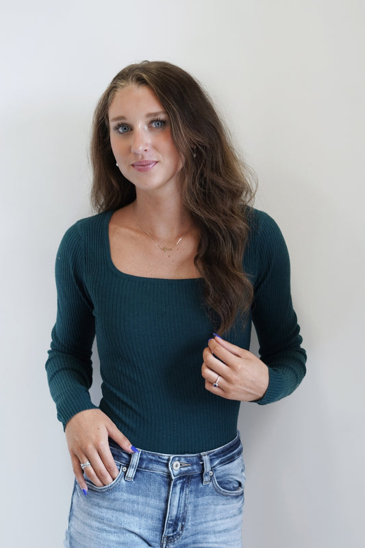 Fawn Fitted Square Neck Top Square Neckline Long Sleeves Ribbed Material Deep Ocean Color Fitted Full Length 50% Viscose, 28% Polyester, 22% Nylon,