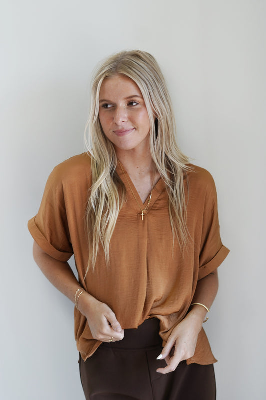 The Priscilla Perfect Sleek Blouse Deep V-Neckline Cuffed Short Sleeves Camel Full Length Relaxed Fit 100% Polyester