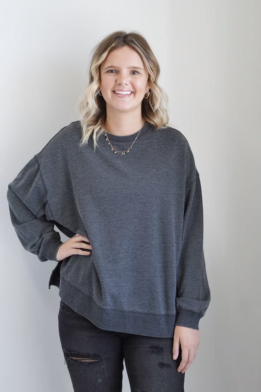 Essential and Everyday Modern Weekender Round Neckline Long Cuffed Sleeves Side Slits Detail Colors: Black Oversized Fit Full Length 60% Cotton, 40% Polyester