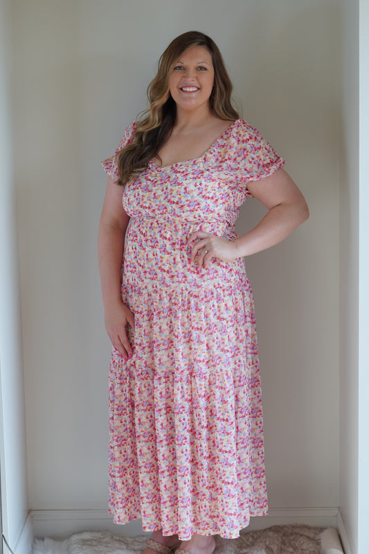 Fuchsia Multi Colored Lush Dress Sweetheart Neckline Subtle Puff Sleeve Maxi Length Fuchsia, Blue, Yellow, and White Dot Pattern Relaxed Fit 100% Polyester Lining, 100% Rayon