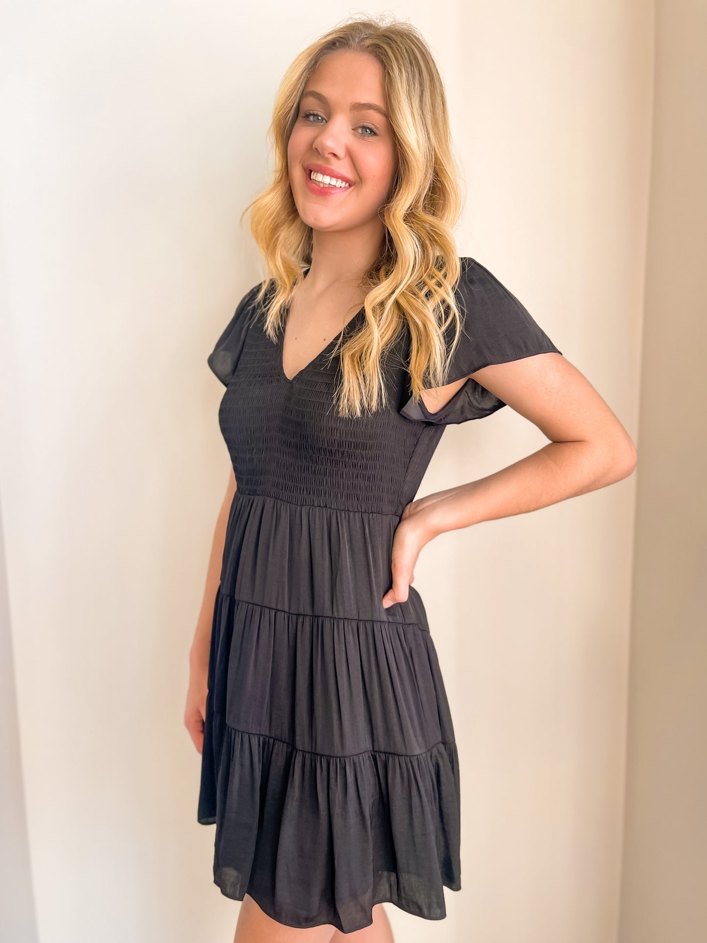 Stelly Smocked Black Short Sleeve Dress