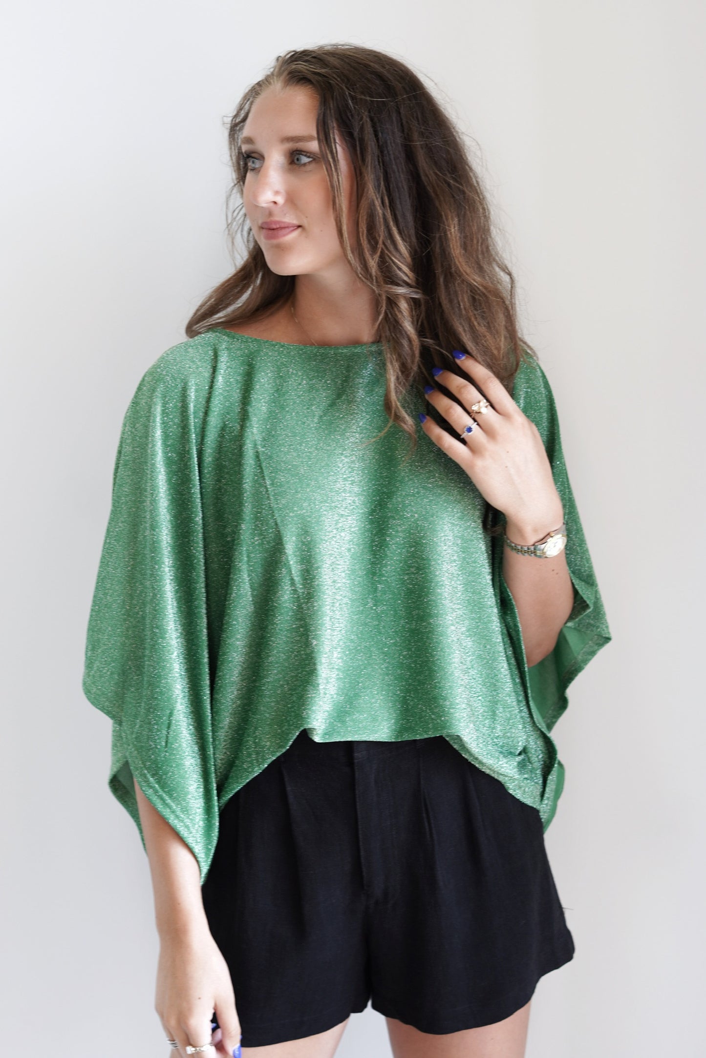 Janet Dreamy Angel Sleeve Top Round Neckline Short Angel Wing Sleeves Sparkly Fabric Green Color Loose Fit 56% Polyester, 34% Cannetille, 10% Spandex