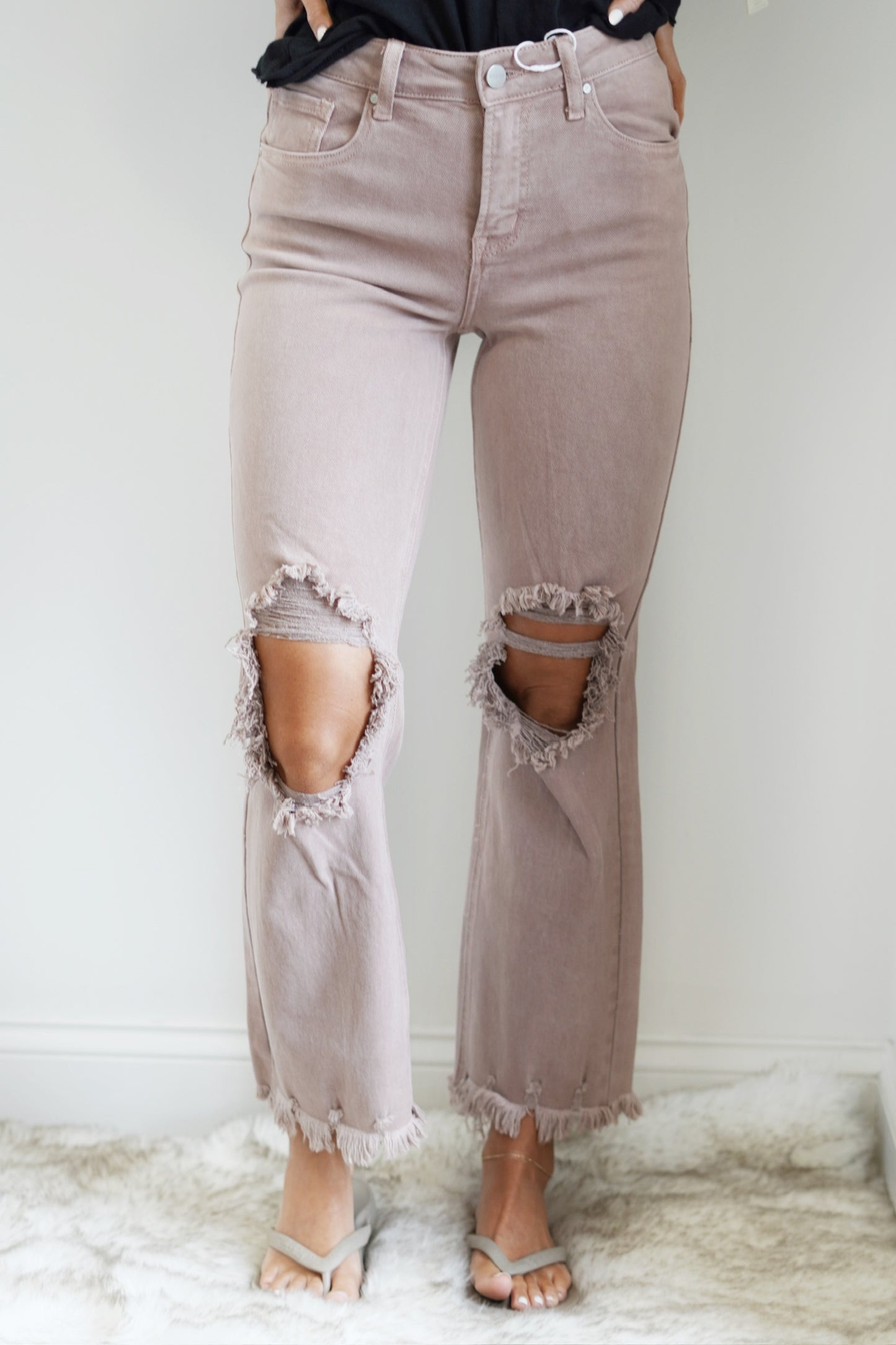 High Waisted Straight Leg, Distressed/Holes In Knees Zipper Fly Raw Bottom Hem Mauve Color Cropped Length 98% Cotton, 2% Spandex